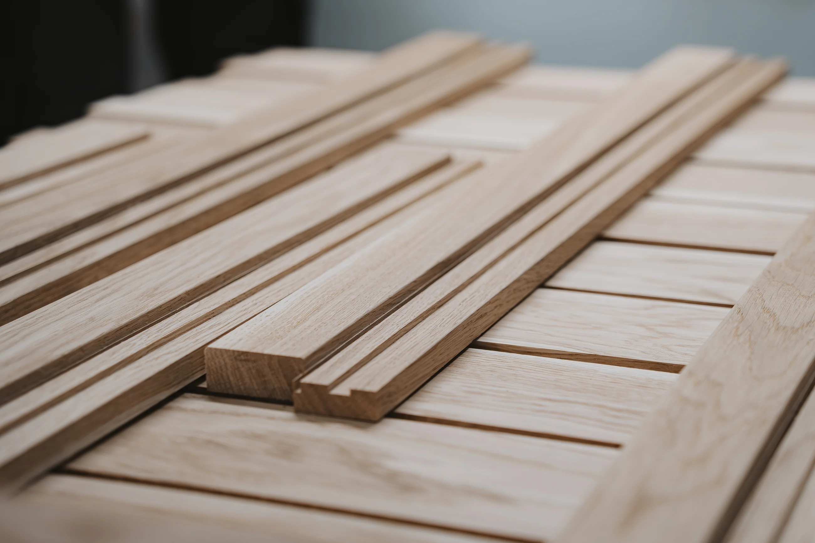 Stacks of profiled wood mouldings in the Combiwood factory